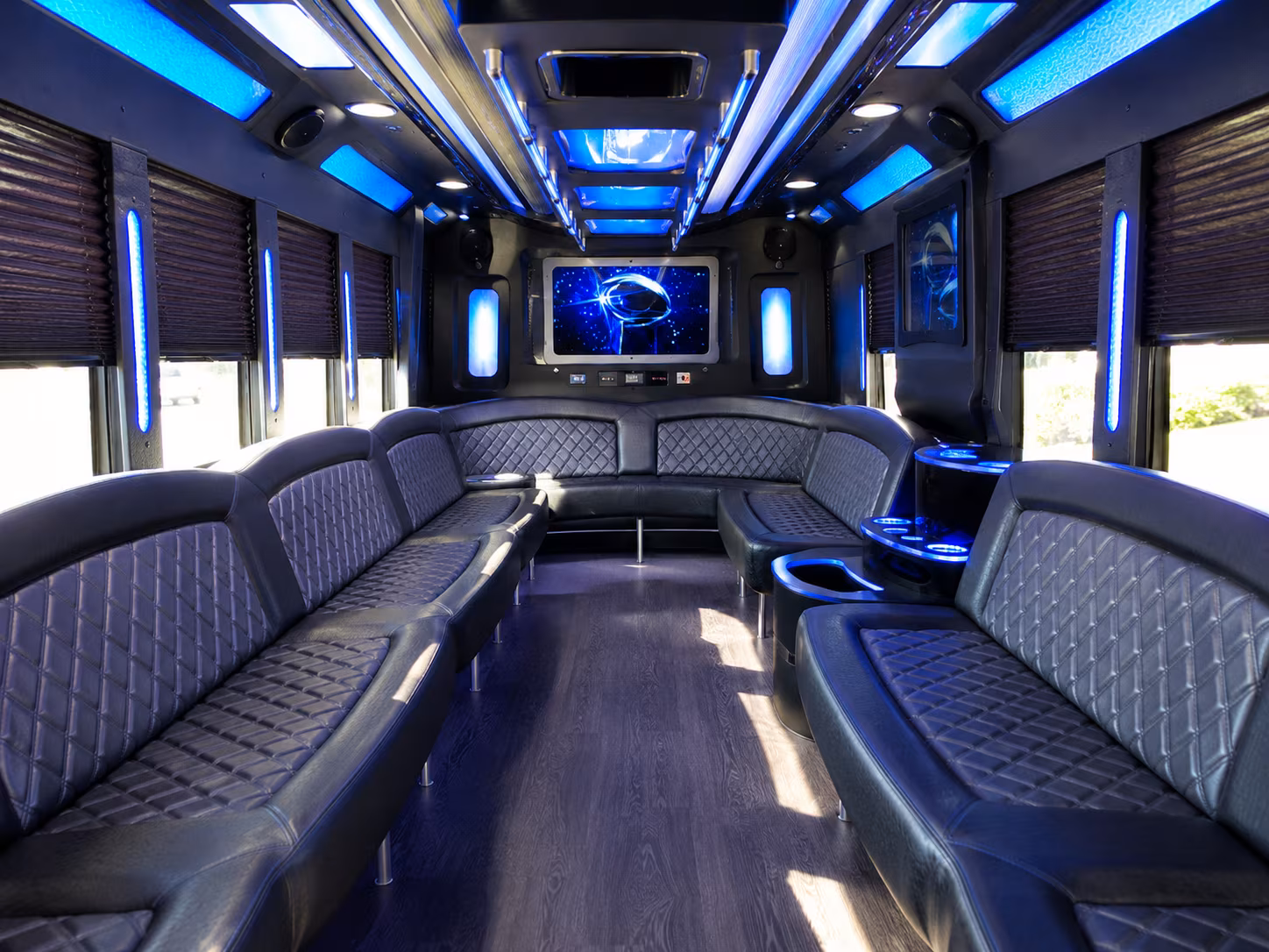 conroe 28 passenger party bus inside