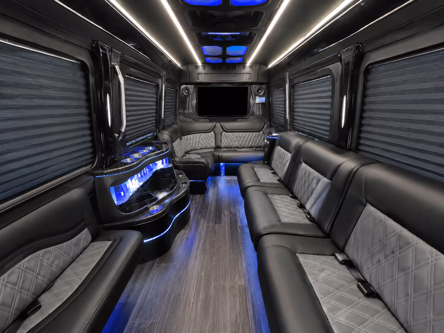 conroe 40 passenger party bus inside